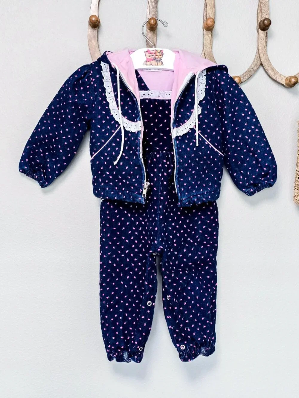 Vintage A Tiny Tots Original 2T Denim Rosebud Overall Set w/ Hooded Jacket